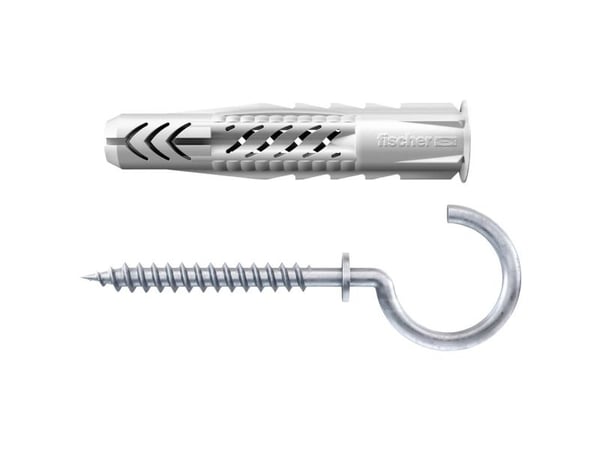 Fischer 94621, Skruekrok og veggpluggsett, Murstein, Betong, Gipsplater, Nylon, Grå, CE, 8 mm