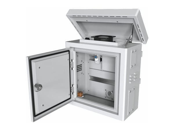 Lanview by Logon - Camera surveillance cabinet - mini radius, for 4 cameras - med 2 kjølevifter, termostat - stangmonterbar - hvit, RAL 7035