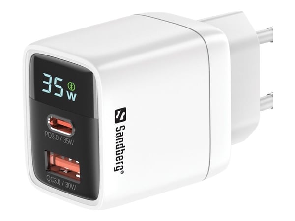 Sandberg - Strømadapter - 2-i-1 - 35 watt - 3 A - PD 3.0, QC 3.0 - 2 utgangskontakter (USB, USB-C)
