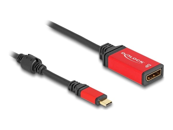 Delock - Adapterkabel - 24 pin USB-C (hann) til DisplayPort (hunn) - 20 cm - 8K 30Hz støtte, Støtte for DP Alt-modus, HDR10-støtte - sort / rød