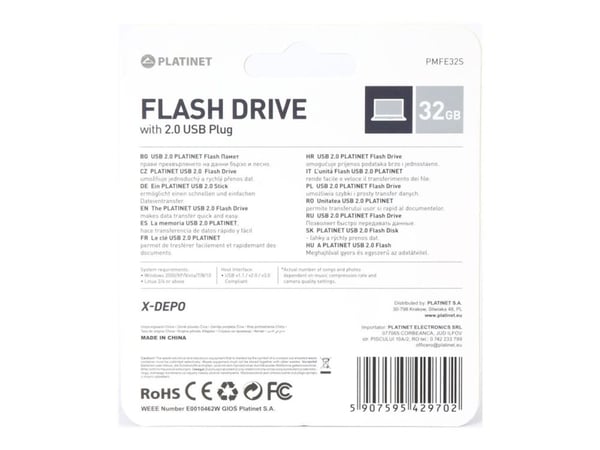 PLATINET - USB-flashstasjon - 32 GB - USB 2.0 - sølv