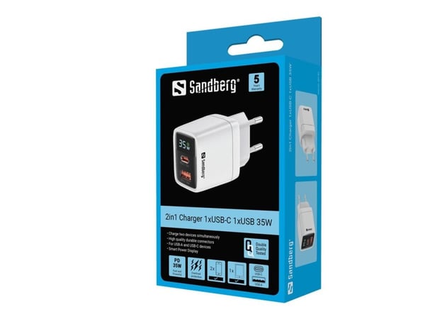 Sandberg - Strømadapter - 2-i-1 - 35 watt - 3 A - PD 3.0, QC 3.0 - 2 utgangskontakter (USB, USB-C)