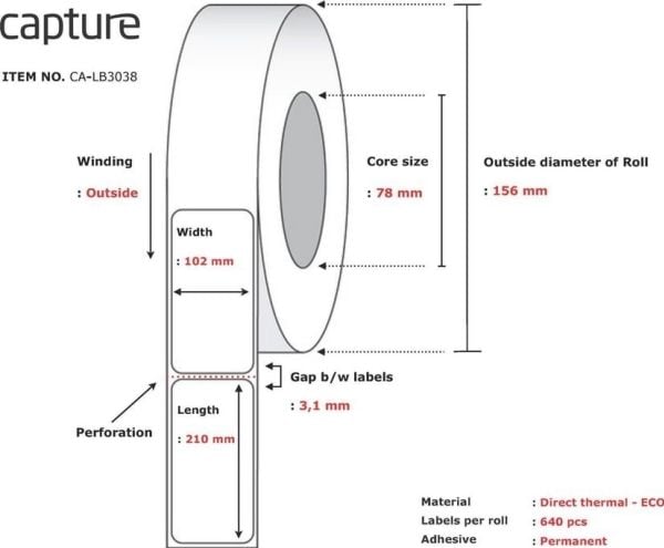 Capture - Miljøvennlig papir - permanet adhesiv - ubelagt - perforert - hvit - 102 x 210 mm 5120 etikett(er) (8 rull(er) x 640 boks - merkelapper