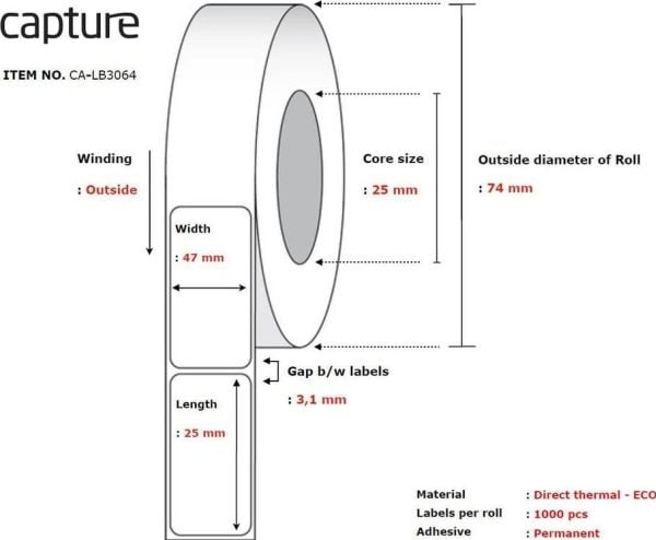 Capture - Miljøvennlig papir - permanet adhesiv - ubelagt - hvit - 47 x 25 mm 12000 etikett(er) (12 rull(er) x 1000 boks - merkelapper