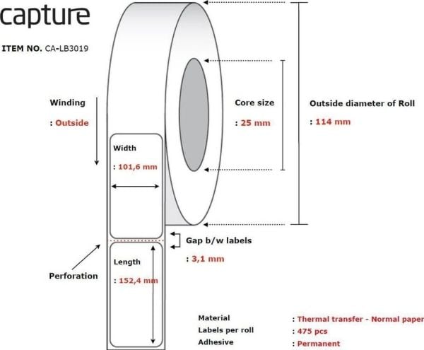 Capture - Permanet adhesiv - ubelagt - hvit - 101.6 x 152.4 mm 5700 etikett(er) (12 rull(er) x 475) boks - merkelapper