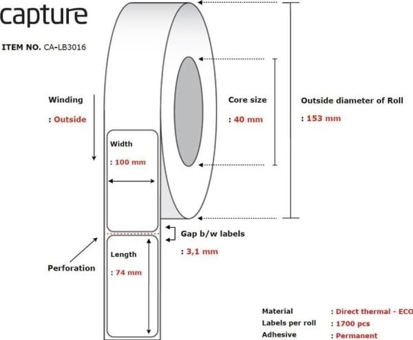 Capture - Permanet adhesiv - ubelagt - hvit - 100 x 74 mm 13600 etikett(er) (8 rull(er) x 1700) boks - merkelapper