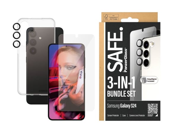 SAFE. by PanzerGlass - 3-i-1 Pakke - baksidedeksel for mobiltelefon - termoplast-polyuretan (TPU), plastikk - gjennomsiktig - for Samsung Galaxy S24