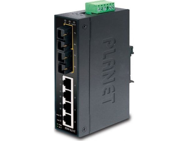 PLANET ISW-621T - Switch - 4 x 10/100 + 2 x 100Base-FX - DIN-skinnemonterbar, veggmonterbar - DC-strøm
