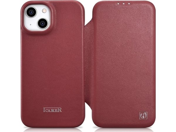 iCarer CE premium lærveske til iPhone 14 Plus magnetisk flip MagSafe - rød (WMI14220715-RD)