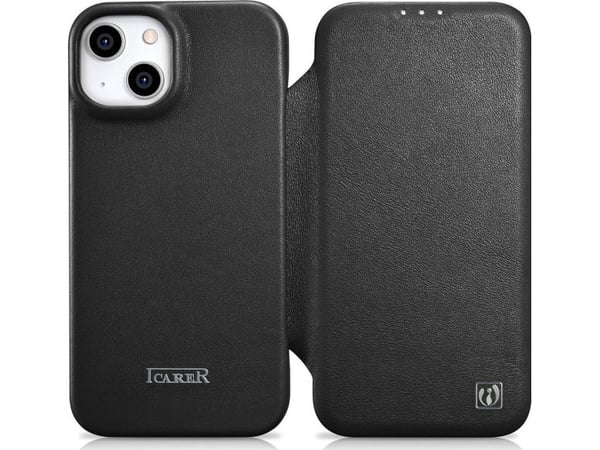 iCarer CE premium lær folioetui til iPhone 14 Plus (magnetisk, MagSafe) sort (WMI14220715-BK)