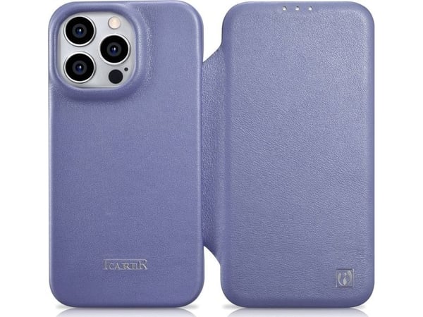 iCarer CE Premium Nahka Folio Case iPhone 14 Pro Max magneettiläpällä MagSafe vaalea violetti (WMI14220716-LP)