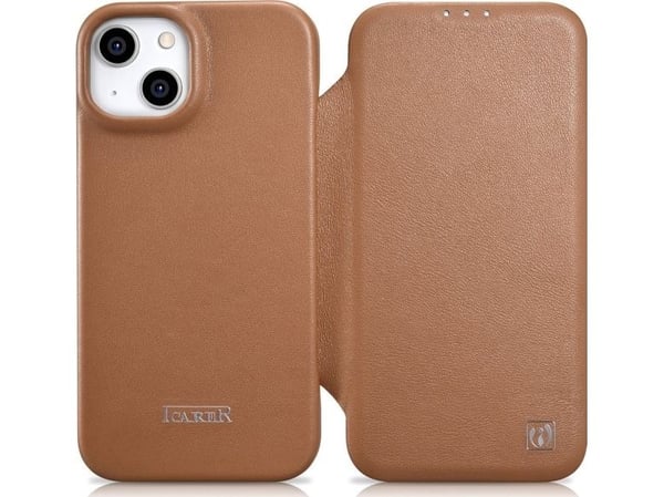 iCarer CE Premium Leather Folio Case iPhone 14 Plus magneettiläpällä MagSafe ruskea (WMI14220715-BN)
