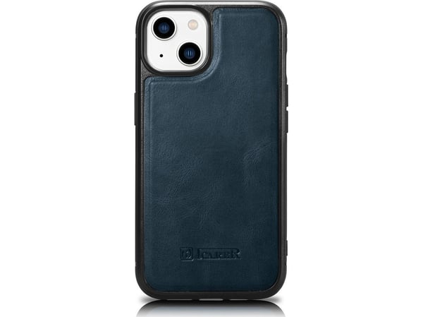 iCarer lær-olje-voks-deksel med naturlær for iPhone 14 blå (WMI14220717-BU)