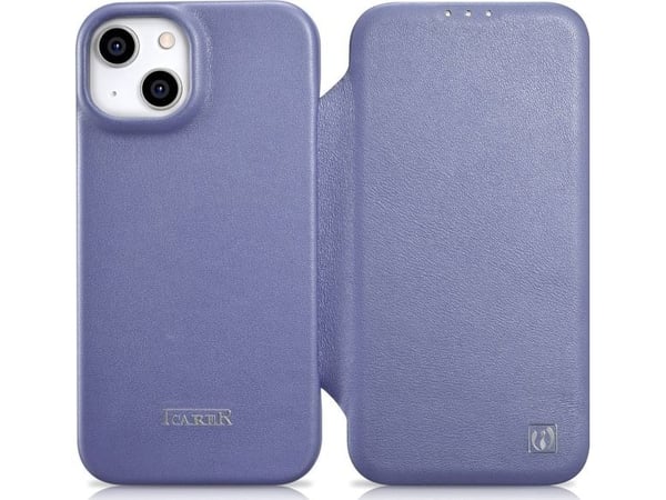 iCarer CE premium lær-omslag til iPhone 14 Plus magnetisk flip-etui MagSafe lys lilla (WMI14220715-LP)