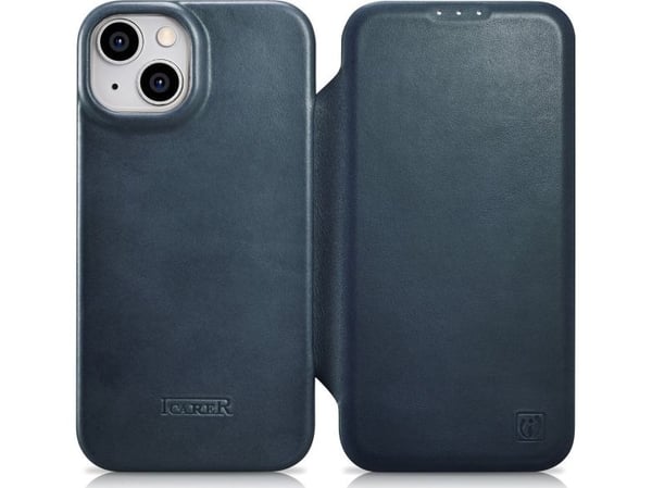 iCarer CE Öljyvaha Premium Leather Folio Case iPhone 14 Plus nahkakotelo magneettiläpällä MagSafe sininen (AKI14220707-BU)