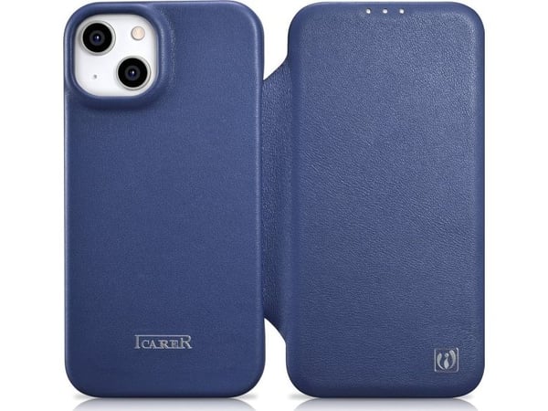 iCarer CE premium lærveske til iPhone 14 Plus - magnetisk flip-deksel med MagSafe - Blå (WMI14220715-BU)