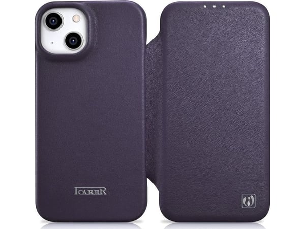 iCarer CE premium lærveske folio til iPhone 14 Plus magnetisk flip MagSafe mørk lilla (WMI14220715-DP)