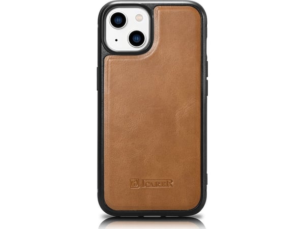 iCarer Leather Oil Wax-deksel dekket med naturlig skinn for iPhone 14 Plus brun (WMI14220719-TN)