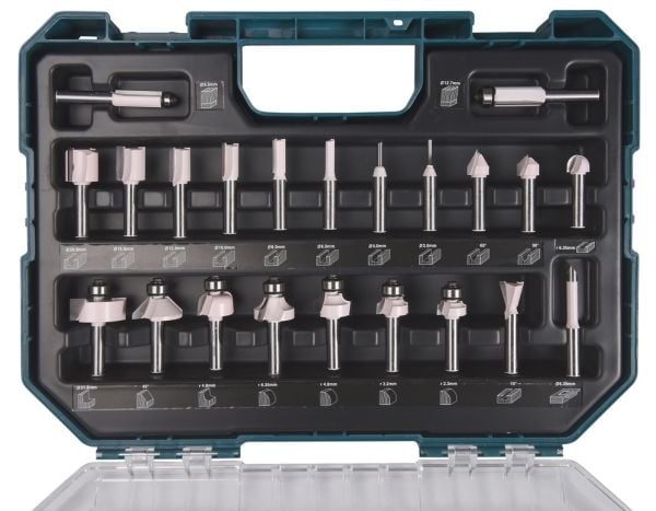 Makita - Routerspissett - for tre - V-Groove, Dovetail, Beading, rebate - 22 deler - cylindrical - for Makita RT001GM205