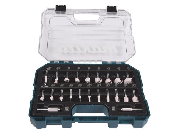 Makita - Routerspissett - for tre - V-Groove, Dovetail, Beading, rebate - 22 deler - cylindrical - for Makita RT001GM205