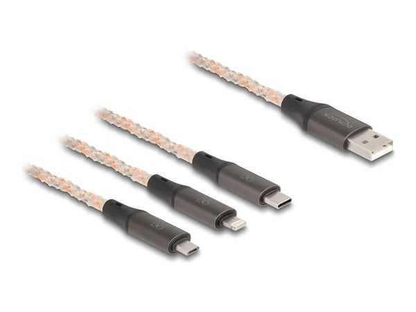 DeLOCK 88158, 1,2 m, USB A, USB C/Micro-USB B/Lightning, USB 2.0, Läpinäkyvä