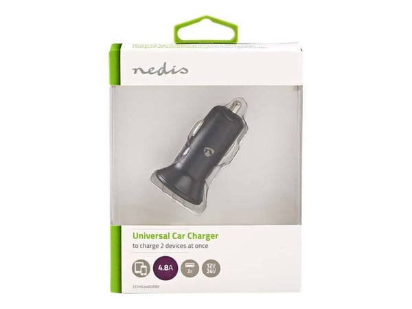 Nedis - Bilstrømadapter - 4.8 A - 2 utgangskontakter (USB) - svart