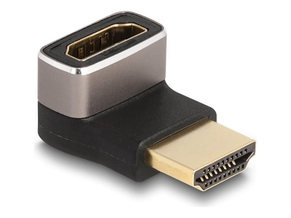 Delock HDMI-sovitin uros-naaras 90° alhaalla kulmassa 8K 60 Hz harmaa metallia