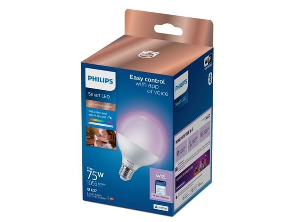 Philips Smart LED-lampa RGB G95, E27-sockel, 1055 lm, Wi-Fi/Bluetooth, Vit, Wi-Fi 4 (802.11n), 802.11b, 802.11g, LED, Plast, E27