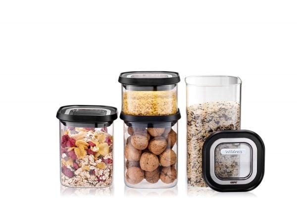 GEFU PANTRY, Beholder, Rektangulær, Svart, Gjennomsiktig, Borosilikatglass, Plast, Silikon, Rustfritt stål, 110 mm, 110 mm