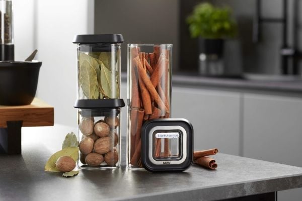 GEFU PANTRY, Beholder, Rektangulær, Svart, Gjennomsiktig, Borosilikatglass, Plast, Silikon, Rustfritt stål, 110 mm, 110 mm