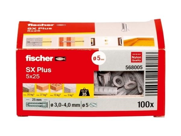 Fischer 568005, Ekspansjonsanker, Lettbetong, Murstein, Betong, Gipsfiberplate, Murverk, Nylon, Grå, Tyskland, 5 mm