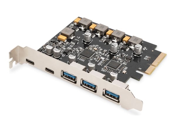 Digitus-kontroller DIGITUS PCIe USB 3.1-kontroller - 2x USB C / 3x USB A 3.1 Gen.2 10 Gbps, ASM1142-brikkesett
