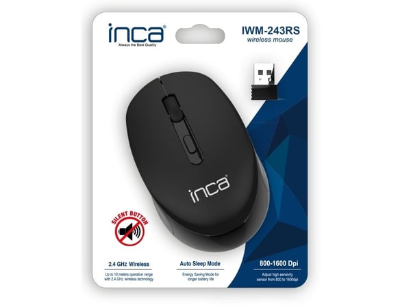 Inca IWM-243RS, Ambidextrous, Optisk, RF Trådlös, 1600 DPI, Svart