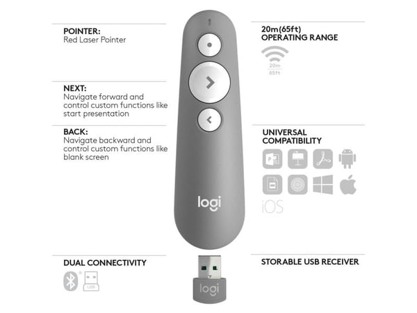 Logitech R500s - Presentasjonsfjernstyring - 3 knapper - mellomgrå