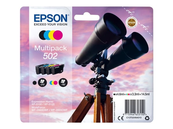 Epson 502 monipakkaus - 4 pakkeria - lajittelu, gul, syaani, magenta - alkuperäinen - läpipainopakkaus - blækpatron - Expression Home XP-5100, XP-5...
