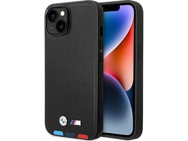 BMW BMHMP14S22PTDK skal till iPhone 14 6,1" svart/svart läder stämplat tricolor med MagSafe