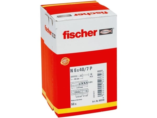 Fischer 50339, Skrue- og veggpluggsett, Murstein, Betong, Pozidriv, PZ2, 40 mm, 6 mm
