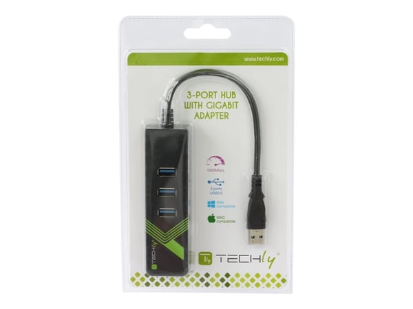 TECHly USB3.0 Gigabit Ethernet Adapter Converter with 3-Port Hub - Nätverksadapter - USB 3.0 - Gigabit Ethernet x 1 + USB 3.0 x 3 - svart