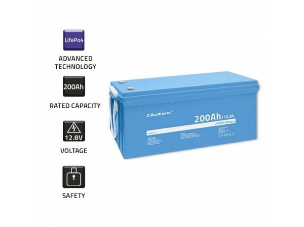 Qoltec LiFePO4 litium-rautafosfaattiakku | 12.8V | 200Ah | 2560Wh | BMS | BMS