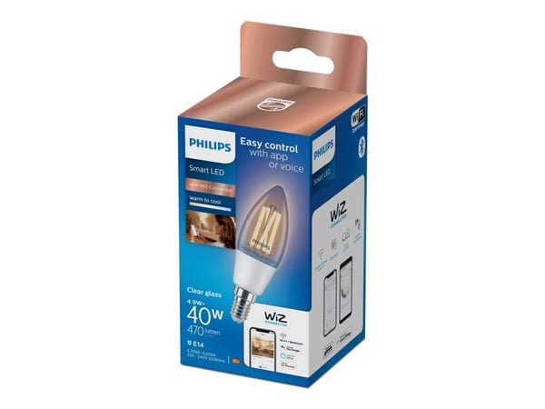 Philips Smart - LED-filamentlyspære - form: C35 - klar finish - E14 - 4.9 W (ekvivalent 40 W) - klasse F - avstembar hvit - 2700-6500 K