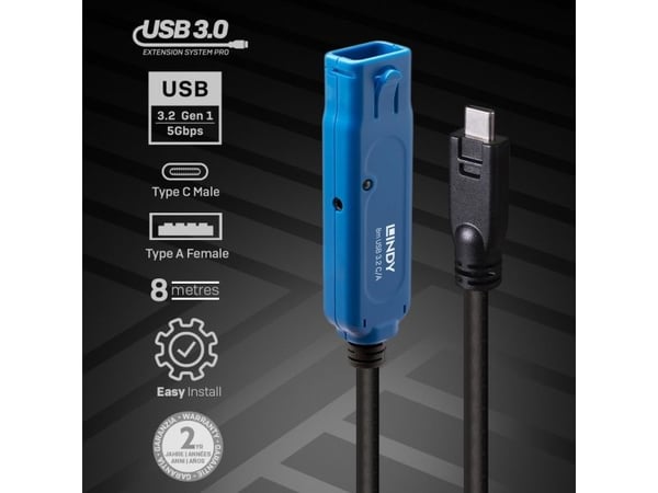 Lindy 43381, 8 m, USB C, USB A, USB 3.2 Gen 1 (3.1 Gen 1), 5 Gbit/s, Svart, Blå