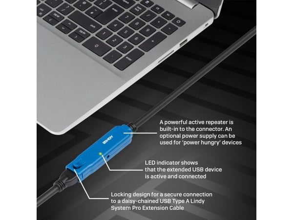 Lindy 43381, 8 m, USB C, USB A, USB 3.2 Gen 1 (3.1 Gen 1), 5 Gbit/s, Svart, Blå