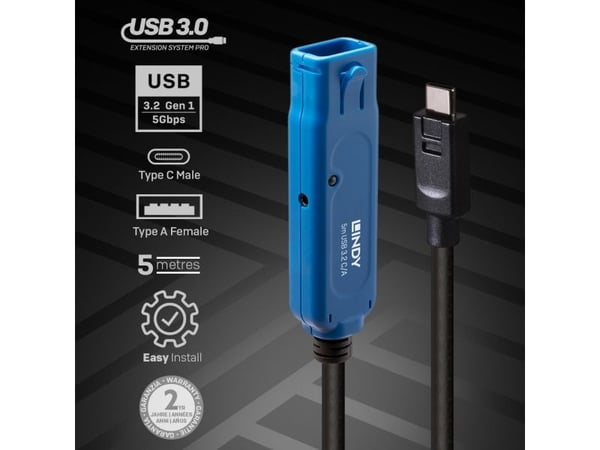 Lindy 43380, 5 m, USB C, USB A, USB 3.2 Gen 1 (3.1 Gen 1), Svart