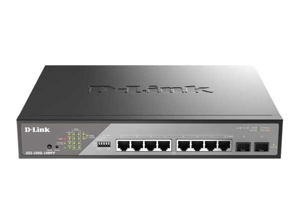 D-Link DSS 200G-10MPP - Switch - Styrt - 8 x 10/100/1000 (PoE++) + 2 x Gigabit SFP - rackmonterbar - PoE++ (242 W)