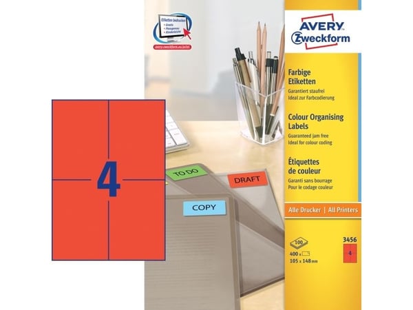 Avery - Rød - A6 (105 x 148 mm) 400 etikett(er) (100 ark x 4) filmappeetiketter