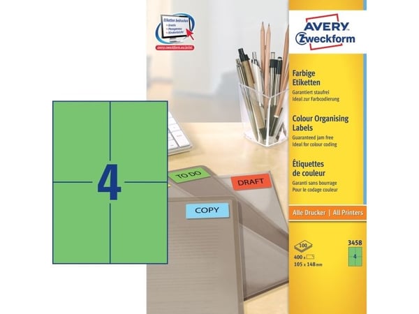 Avery - Grønn - A6 (105 x 148 mm) 400 etikett(er) (100 ark x 4) filmappeetiketter