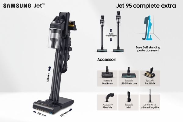 Samsung Jet 95 Complete Extra VS20C9554TK - Støvsuger - pinne/håndholdt (2-i-1) - uten pose - uten kabel - black chrometal/satin black - 2 batterie...