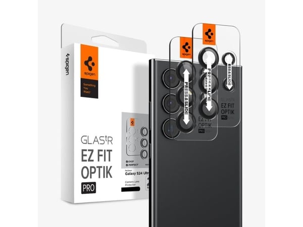 Spigen Optik Pro EZ Fit, Samsung, Galaxy S24 Ultra, Støvresistent, Ripebestandig, Sort, Gjennomsiktig, 2 stykker