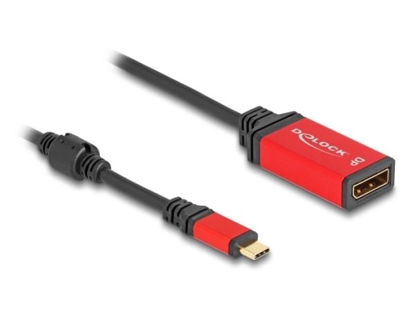 Delock - Adapterkabel - 24 pin USB-C (hann) til DisplayPort (hunn) - 20 cm - 8K 30Hz støtte, Støtte for DP Alt-modus, HDR10-støtte - sort / rød