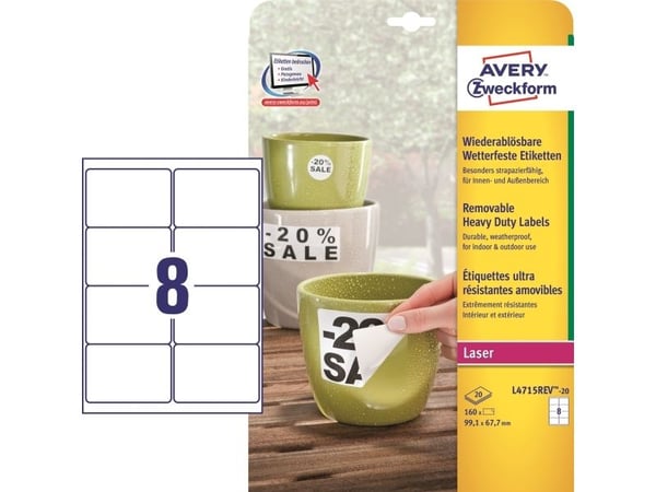 Etiketter Avery, sterk, 99,1 x 67,7 mm, pakke med 160 etiketter